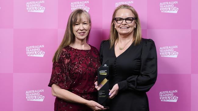 Jo Fox (Owner Fox Education) and Nicole Turner (IAHA chair). IAHA NT Aboriginal Health Academy won first place in the Industry Collaboration Award at the 2024 Australian Training Awards. Picture: Supplied.