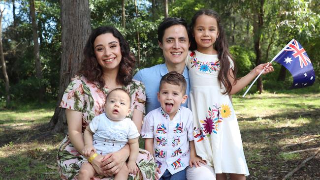 Paulina Ortiz Calderon and her husband Peter Tongsum-Rith and their kids, Frida 5, Alexander, 3 and Maxwell, 6 months, at Parramatta Park. Picture: John Feder