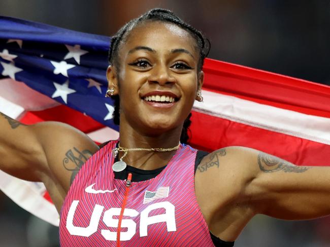 BUDAPEST, HUNGARY - AUGUST 21: Sha'Carri Richardson of Team United States celebrates winning the Women's 100m Final during day three of the World Athletics Championships Budapest 2023 at National Athletics Centre on August 21, 2023 in Budapest, Hungary. (Photo by Michael Steele/Getty Images)