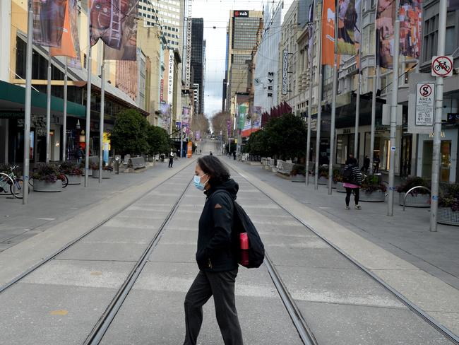 MELBOURNE, AUSTRALIA - NewsWire Photos JULY 21: The Bourke Street Mall is almost empty as stage-3 restrictions force people to stay at home. Picture: NCA NewsWire / Andrew Henshaw