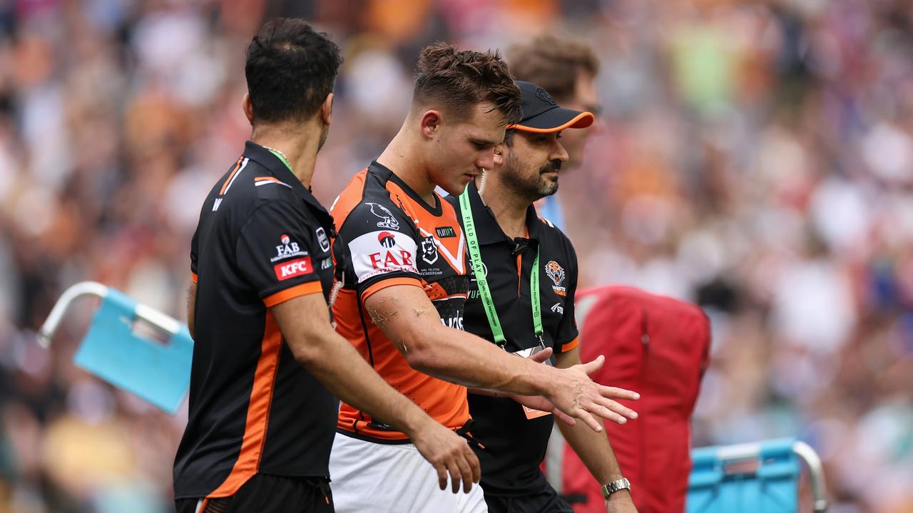 Jacob Saifiti could miss up to six matches for a high tackle that knocked Jake Simpkin out of Sunday’s game at Leichhardt Oval. Picture: Cameron Spencer/Getty Images