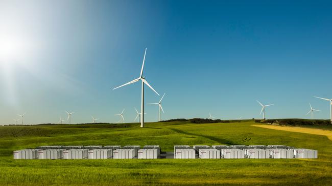 An artist’s impression of the proposed Tesla battery farm at the Hornsdale wind farm, near Jamestown, SA. Picture: Tesla Motors