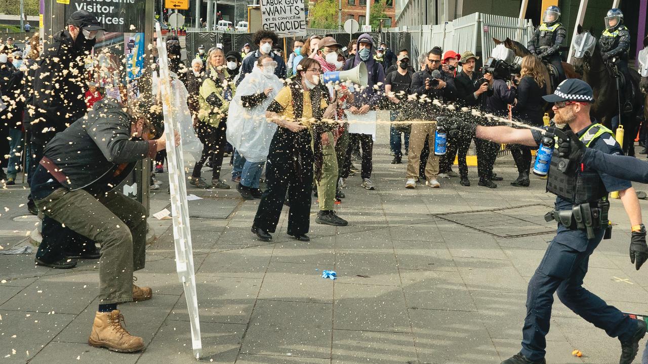 Wild scenes that broke out on Wednesday did not replicate on Thursday, and Friday’s protest is off to a similarly subdued start. Picture: NewsWire / Luis Enrique Ascui