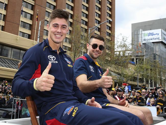 Adelaide stars Riley Knight and Rory Atkins in the Grand Final parade. Picture: Sarah Reed
