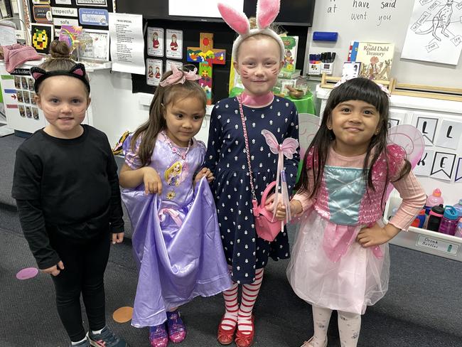 St Kilian's Primary School students Silvie Scarlet, Thea Burmeister, Olive Olsen and Skye Rodriguez dressed up for Book Week. Picture: Gianni Francis.