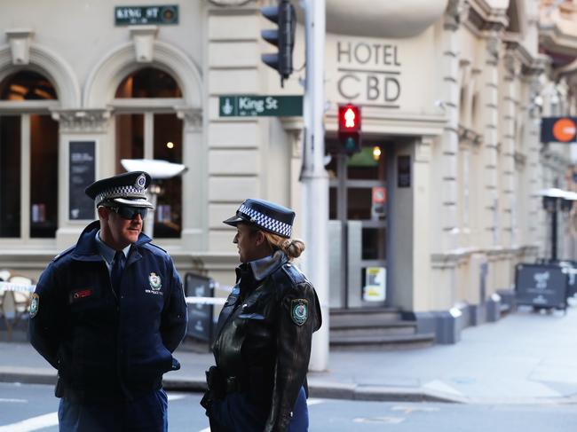 A police presence is seen outside Hotel CBD in Sydney. Picture: Getty