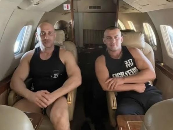 Fighters Xpress director Salim Aschna on board a private plane with notorious Comanchero kingpin Tarek Zahed. Picture: Supplied