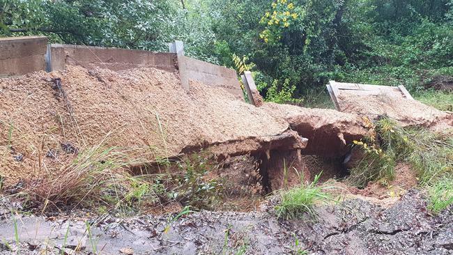 Paul Boutris took this photo of serious damage to Newee creek Rd about 100 meters after Richards Rd. Half the road has fallen down the valley.