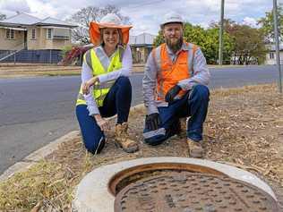 UPGRADED: Sarah Owens (QUU) with Abergeldie supervisor Luke Houlton on East St, Gatton. Picture: Contributed