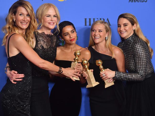 Big Little Lies cast (from left) Laura Dern, Nicole Kidman, Zoe Kravitz, Reese Witherspoon and Shailene Woodley. Picture: AFP