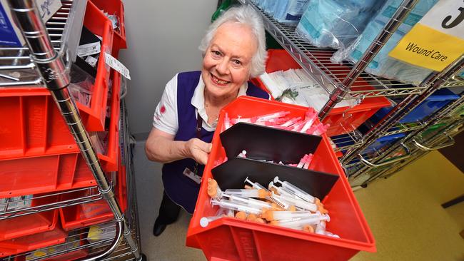 Elaine Tisher. aged 82, volunteers each week at the Royal Women's Hospital. It's a role she has performed for 21 years. Picture: Tony Gough