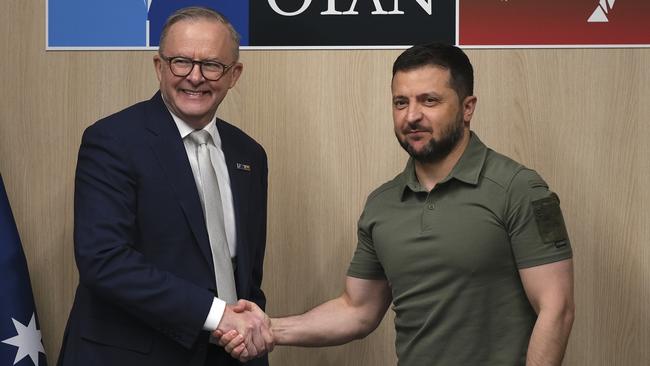 Anthony Albanese with Ukraine President Volodymyr Zelensky at the NATO summit in Vilnius, Lithuania, in July. Picture: Jacquelin Magnay