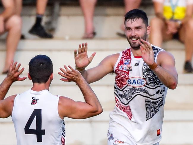 Southern Districts forward Jarrod Brander celebrates a goal in the 2022-23 NTFL season. Picture: Celina Whan / AFLNT Media