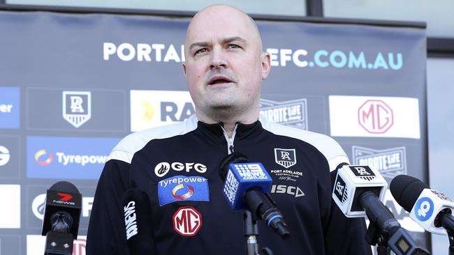 Port Adelaide football boss Chris Davies speaking with the media earlier in the season. Picture: Sarah Reed