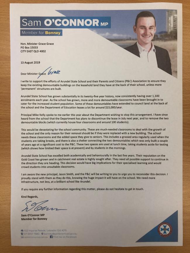 Letter sent between Education Minister Grace Grace to Gold Coast Bonney MP Sam O'Connor in 2019 regarding land at Arundel State School. Photo: Supplied