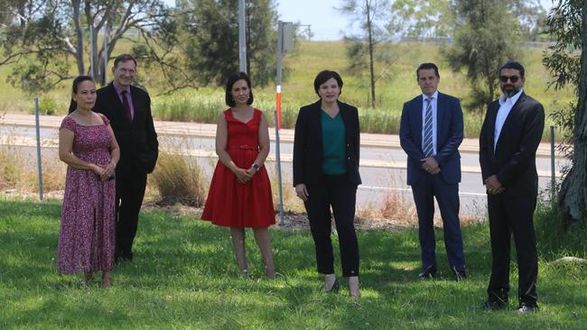 (L TO R) Emma Smith, Stephen Bali, Prue Car, Jodi McKay, Ryan Park and Ali Sheriff at the Rouse Hill Hospital site.