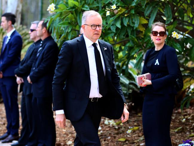 Prime Minister Anthony Albanese at the memorial service with full police honours for constables Rachel McCrow and Matthew Arnold at Brisbane Entertainment Centre. Picture: David Clark