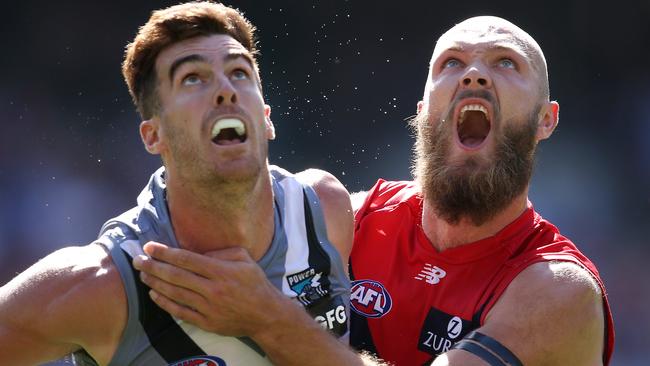 Max Gawn battles with Scott Lycett. Picture: Michael Klein