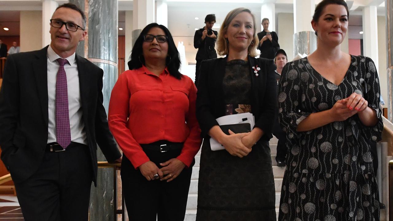 Greens Senators Richard Di Natale, Mehreen Faruqi, Larissa Waters and Sarah Hanson-Young observe. Picture: AAP