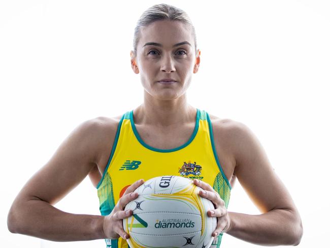 MELBOURNE, AUSTRALIA - JULY 13:  Liz Watson poses during an Australian Diamonds Portrait Session on July 13, 2023 in Melbourne, Australia. (Photo by Darrian Traynor/Getty Images for Netball Australia)