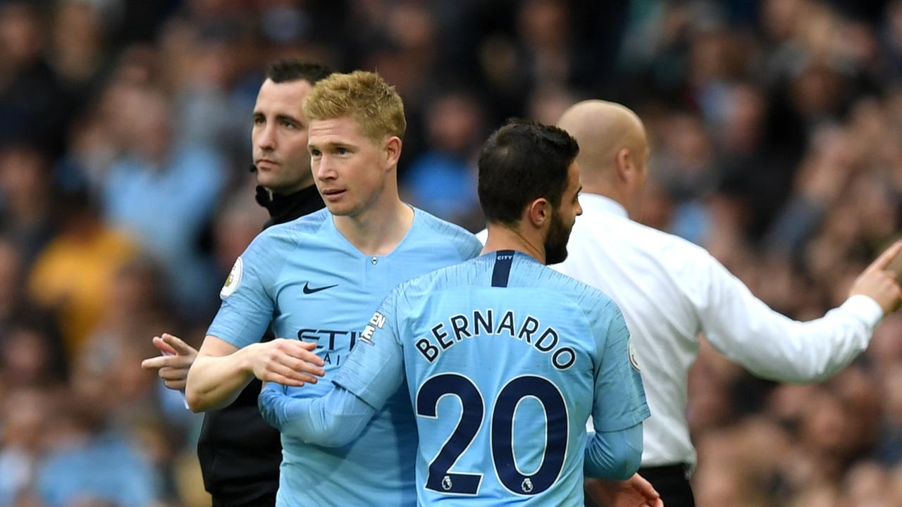 Kevin De Bruyne of Manchester City comes on for Bernardo Silva