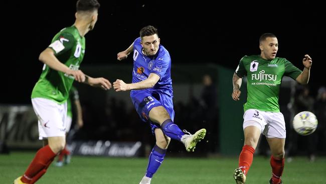 Liam Boland hammers a shot at goal during Avondale FC’s victory. Picture: Getty Images.