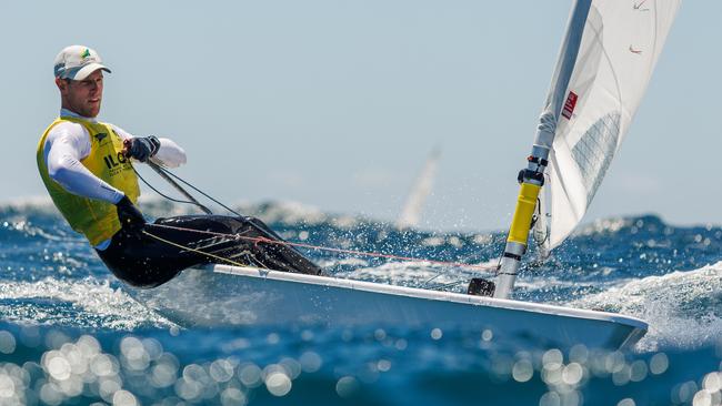 Matt Wearn sailing in the waters off Adelaide at the ILCA 7 world sailing championships.