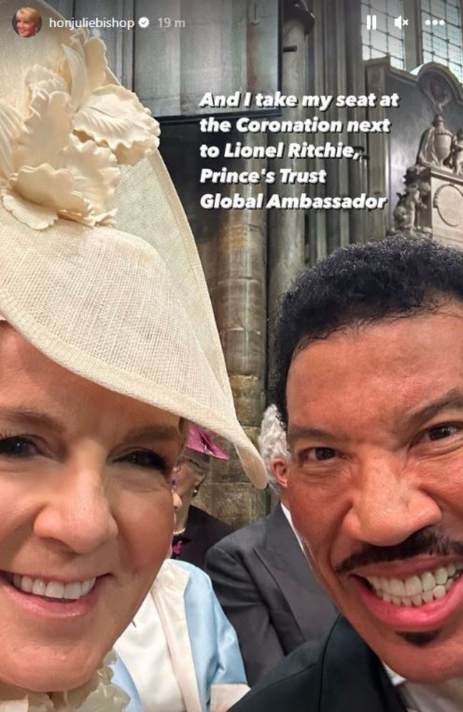 Australian Julie Bishop takes a selfie with Lionel Richie inside Westminster Abbey ahead of the Coronation. Source: Instagram