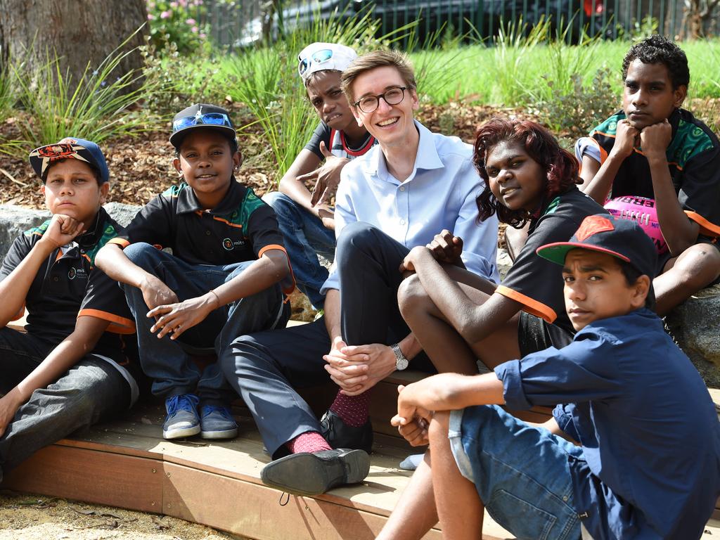 Melbourne Indigenous Training School has welcomed its first intake of students from remote Victorian and NT communities. MITS is AustraliaÕs first stand alone school designed to assist Indigenous students transition from remote or regional schools into a mainstream school in Melbourne. Pictured at the school in Richmond. Joel, Troy, Jayread, executived director Edward Tudor, Jodie, Edward and Anthony chat under a tree out the front of the school.    Picture: Lawrence Pinder