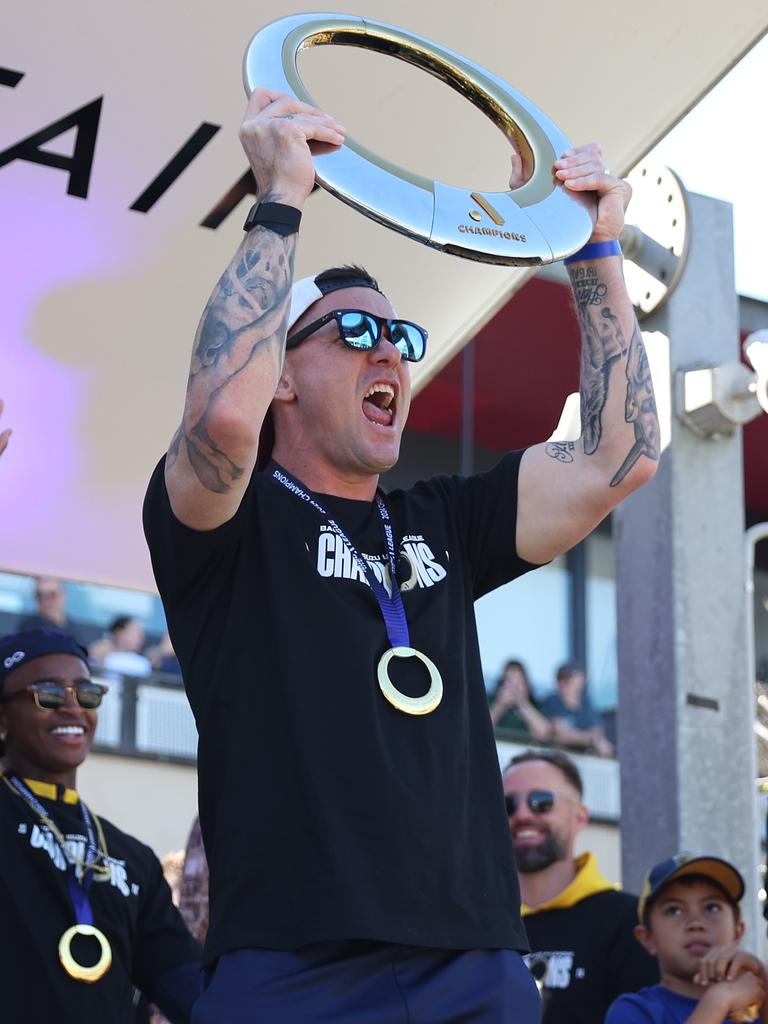 Danny Vukovic of the Central Coast Mariners celebrates grand final glory. Picture: Scott Gardiner/Getty Images