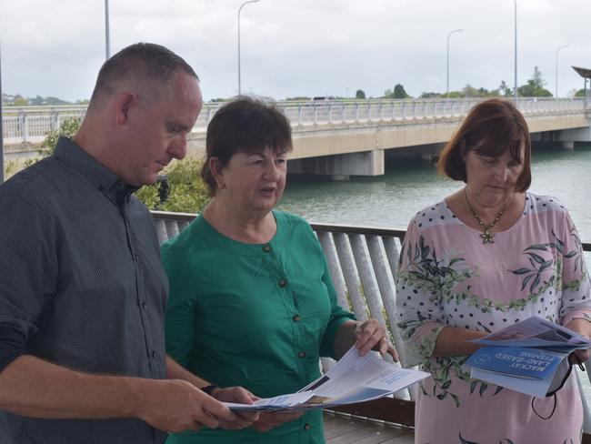 Mackay Isaac Tourism CEO Tas Webber, Isaac Mayor Anne Baker and Mackay MP Julieanne Gilbert at the launch of the Hooked on Mackay fishing competition. Picture: Matthew Forrest