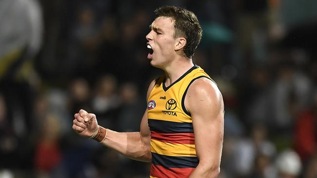 Riley Thilthorpe was the matchwinner for Adelaide, kicking a clutch goal over his head in the dying stages of the game. Picture: Albert Perez/AFL Photos/via Getty Images