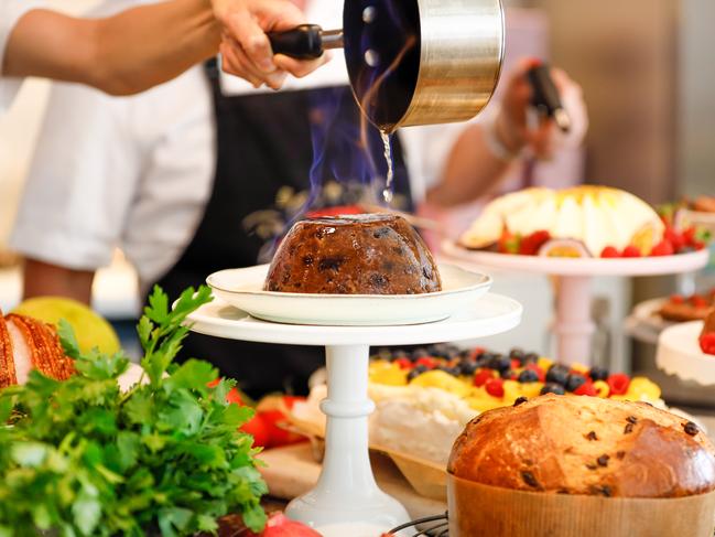 Spiced rum pudding with flaming rum glaze