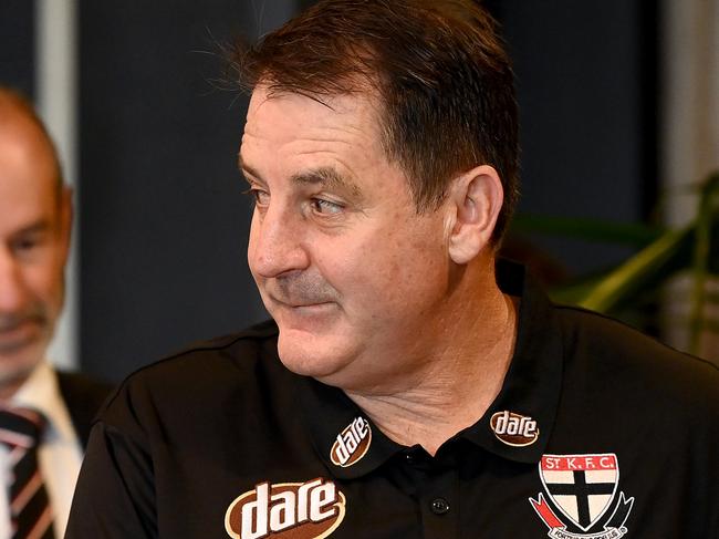 MELBOURNE, AUSTRALIA - OCTOBER 24: Ross Lyon the new coach of the Saints and club president Andrew Bassat walk into the room to speak to the media during a St Kilda Saints AFL press conference at RSEA Park on October 24, 2022 in Melbourne, Australia. (Photo by Quinn Rooney/Getty Images)