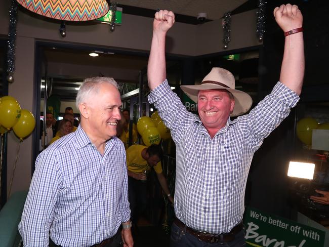 PM Malcolm Turnbull joins Barnaby Joyce to celebrate the former — and next — deputy PM’s win in the New England by-election. Picture: Lyndon Mechielsen/The Australian