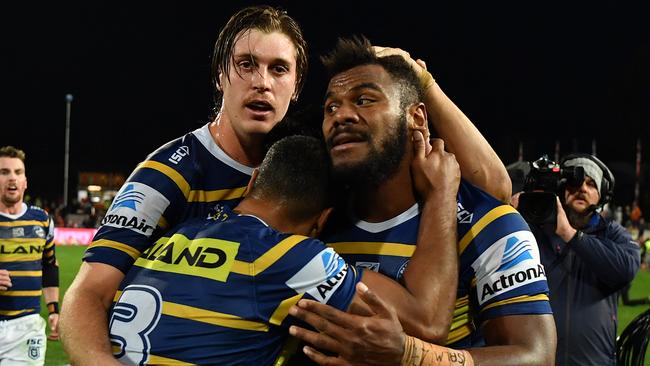 Maika Sivo and the Eels celebrate during the win over the Dragons. Picture: AAP