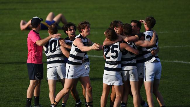 Old Geelong celebrates at the final siren Picture: James Ross