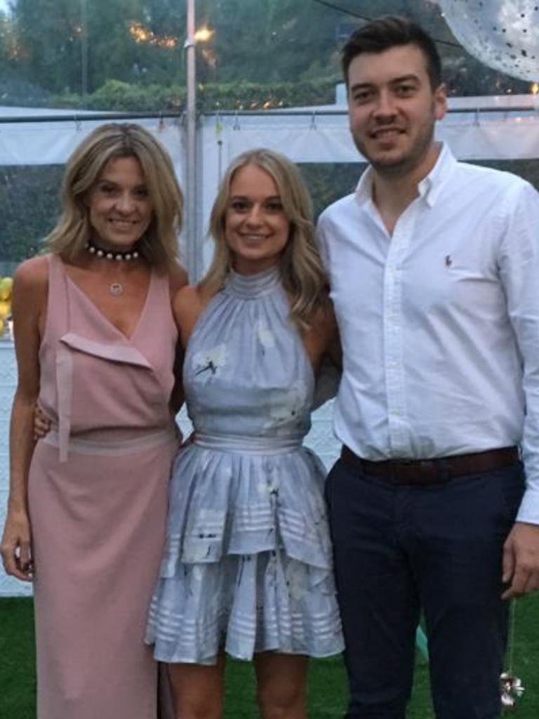 Jack Batty, right, with wife Charlotte, middle, and mother-in-law former Channel 9 newsreader Georgina McGuiness, left. Pictured at their engagement party in 2018. Jack Batty is also an early favourite for the seat of Bragg to replace former Attorney-General Vickie Chapman. Picture supplied