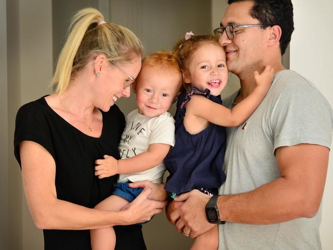 Paediatric cardiac surgeon Dr Matthew Liava performed the delicate operation on Hayden. Dr Liava is picture here with his wife Dr Marni Vasto, 16 months, and Emmaline, two. Picture: Nicki Connolly