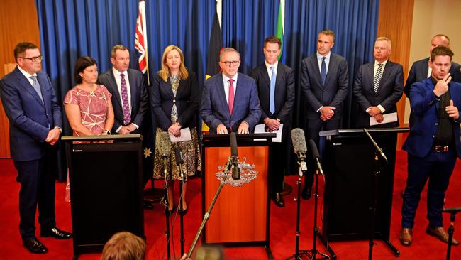 Anthony Albanese is flanked by state and territory leaders after emerging from national cabinet with a new financial sustainability framework. Picture: NCA NewsWire / John Gass