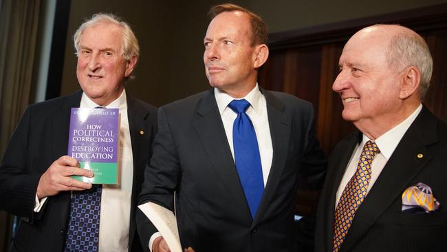 Dr Kevin Donnelly with former prime minister Tony Abbott and radio broadcaster Alan Jones at the launch of his book. Picture: AAP/Ben Rushton