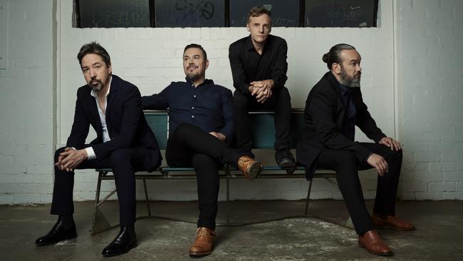 New Zealand rock band Shihad, photographed in Melbourne ahead of the release of 10th album 'Old Gods' in August 2021. L-R: Jon Toogood (vocals/guitar), Tom Larkin (drums), Phil Knight (guitar) and Karl Kippenberger (bass). Picture: Kane Hibberd