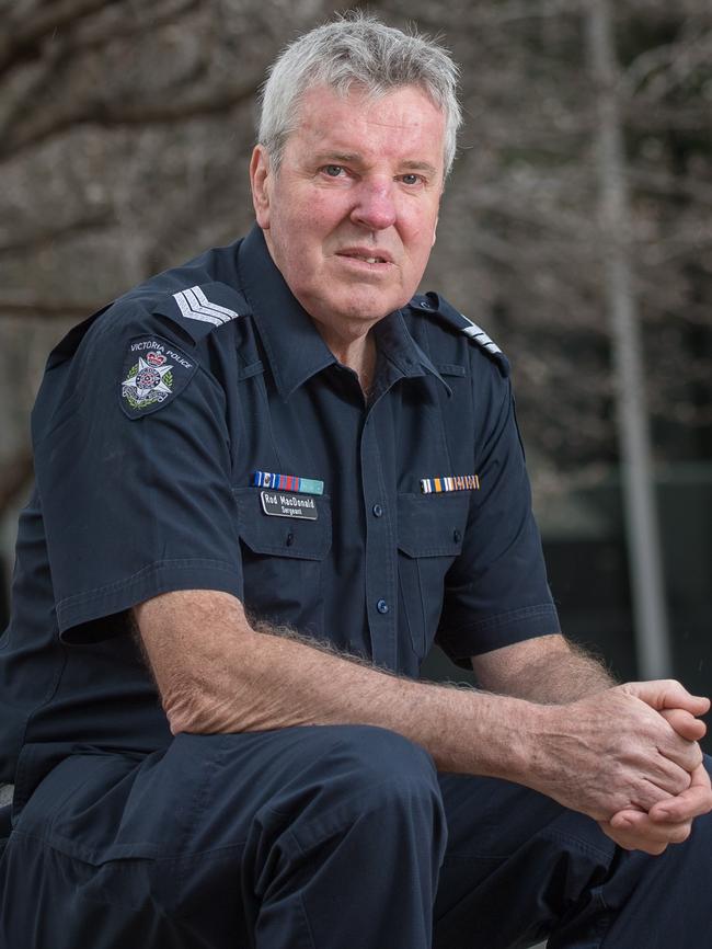 Victoria Police officer Sgt Rod MacDonald was the cop who shot Noble Park gunman Pavel “Mad Max” Marinof dead in 1986 and was wounded himself. He is now an advocate for better mental health support for police. Picture: Jason Edwards