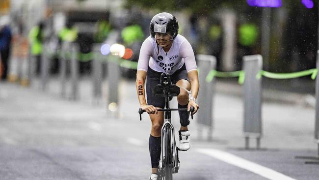Belgian triathlete Hanne De Vet begins the cycling leg of the Ironman 70.3 Tasmania in Hobart on Sunday 4th February. Picture: Linda Higginson