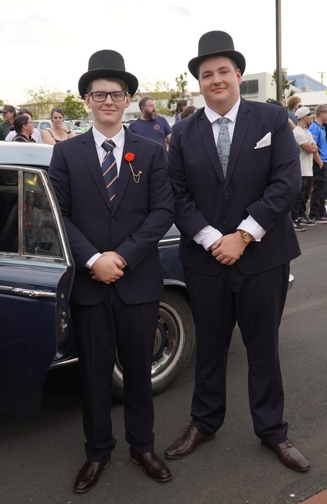 Jack Heathorn and Kyle Gillon arriving at the 2023 Kingaroy State High School formal.