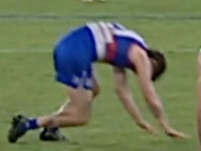 Tom Liberatore seen in an incident near the end of the game where he collapsed in the centre of the ground Source 7AFL