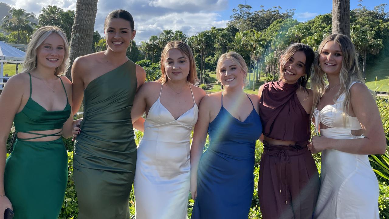 Skye Stacey, Aleisha Quay, Alena Nieuwurth, Ella'blu Goodman, Charli Denblyden and Jordan Alexander at the Year 12 Woolgoolga High School formal. Picture: Matt Gazy