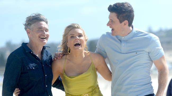 Dave Hughes,Erin Molan and Ed Kavalee at Bondi Beach. NCA NewsWire / Jeremy Piper