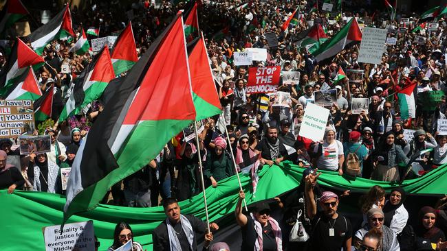 Palestine supporters gather during a protest at Town Hall on October 21. (Photo by Lisa Maree Williams/Getty Images)