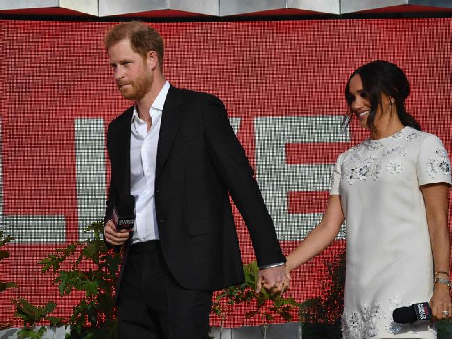 Prince Harry and Meghan Markle arrive to speak at the 2021 Global Citizen Live festival. Picture: AFP